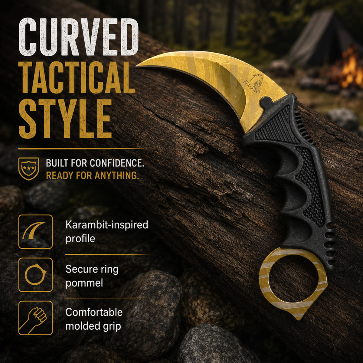 Gold tactical karambit knife on wood.