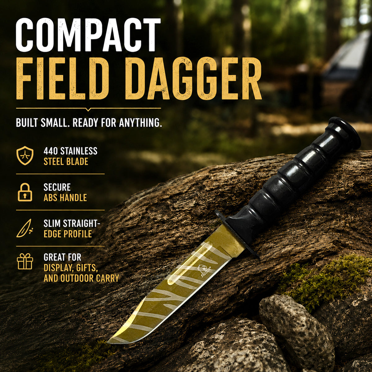 Compact field dagger with gold blade.
