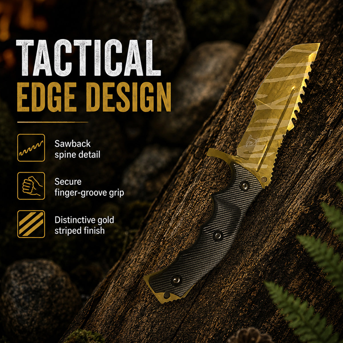 Gold striped tactical sawback hunting knife.