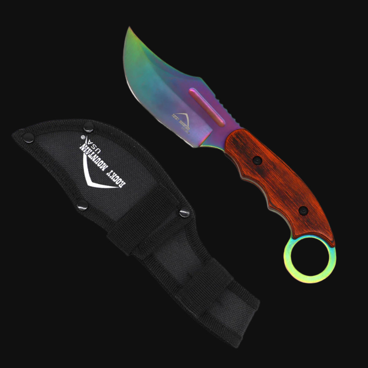 Rocky Mountain Hunting Knife - 4 1/2" Rainbow Blade / Wood Handle