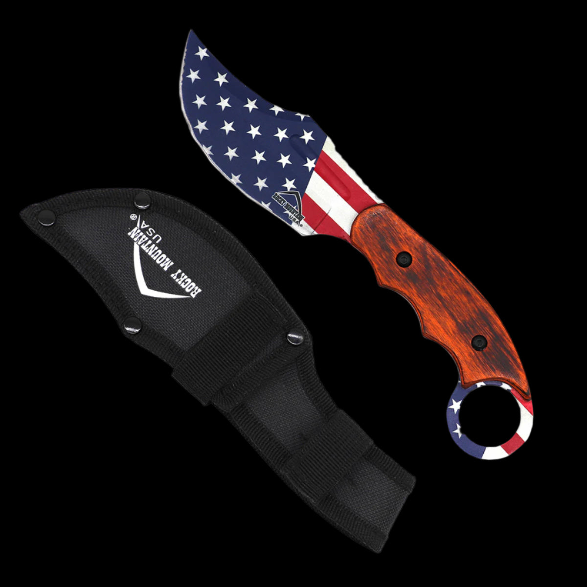 Rocky Mountain Hunting Knife - 4 1/2" US Flag Blade / Wood Handle