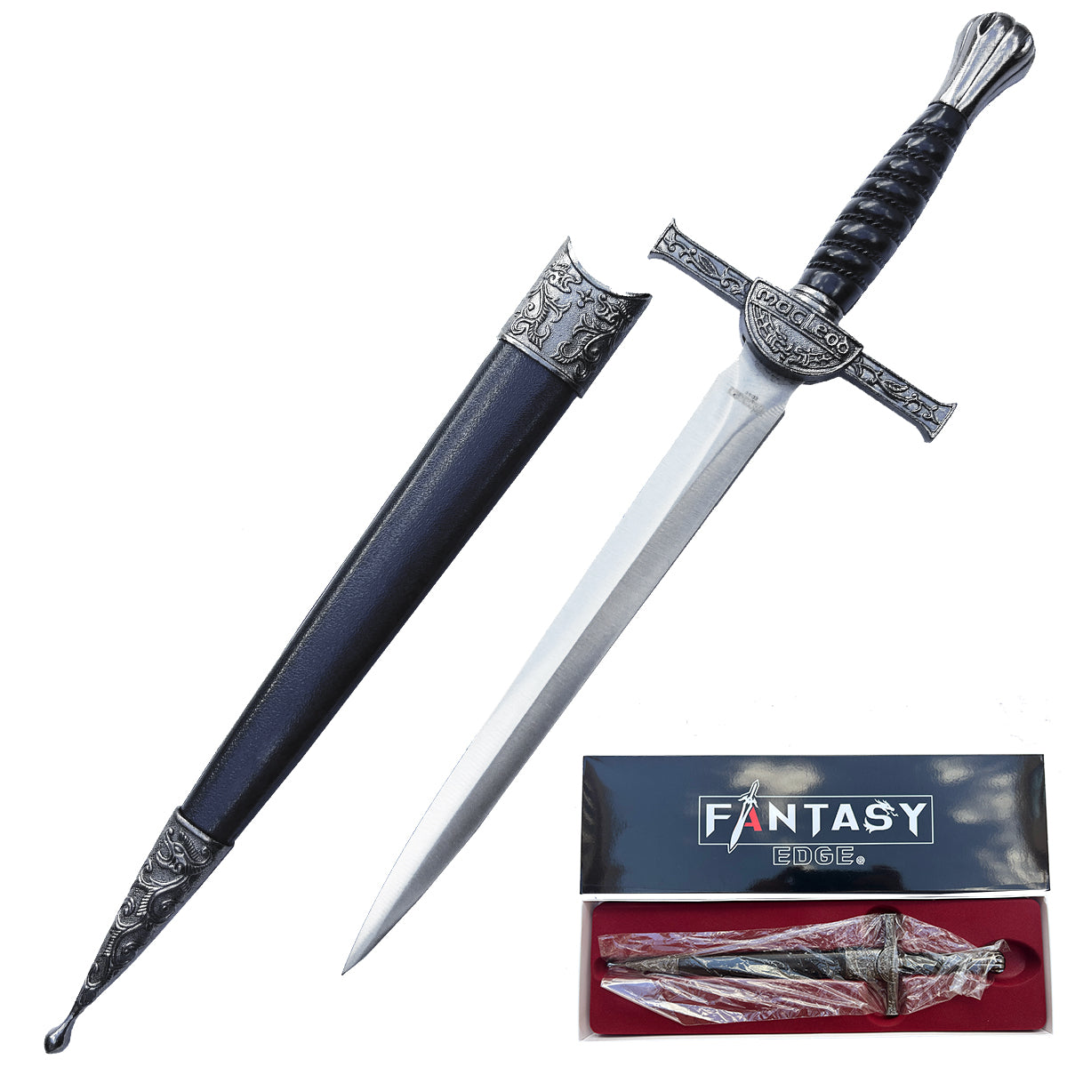 Fantasy Dagger with ornate handle and sheath on a white background, featuring the 'Fantasy Edge' brand.