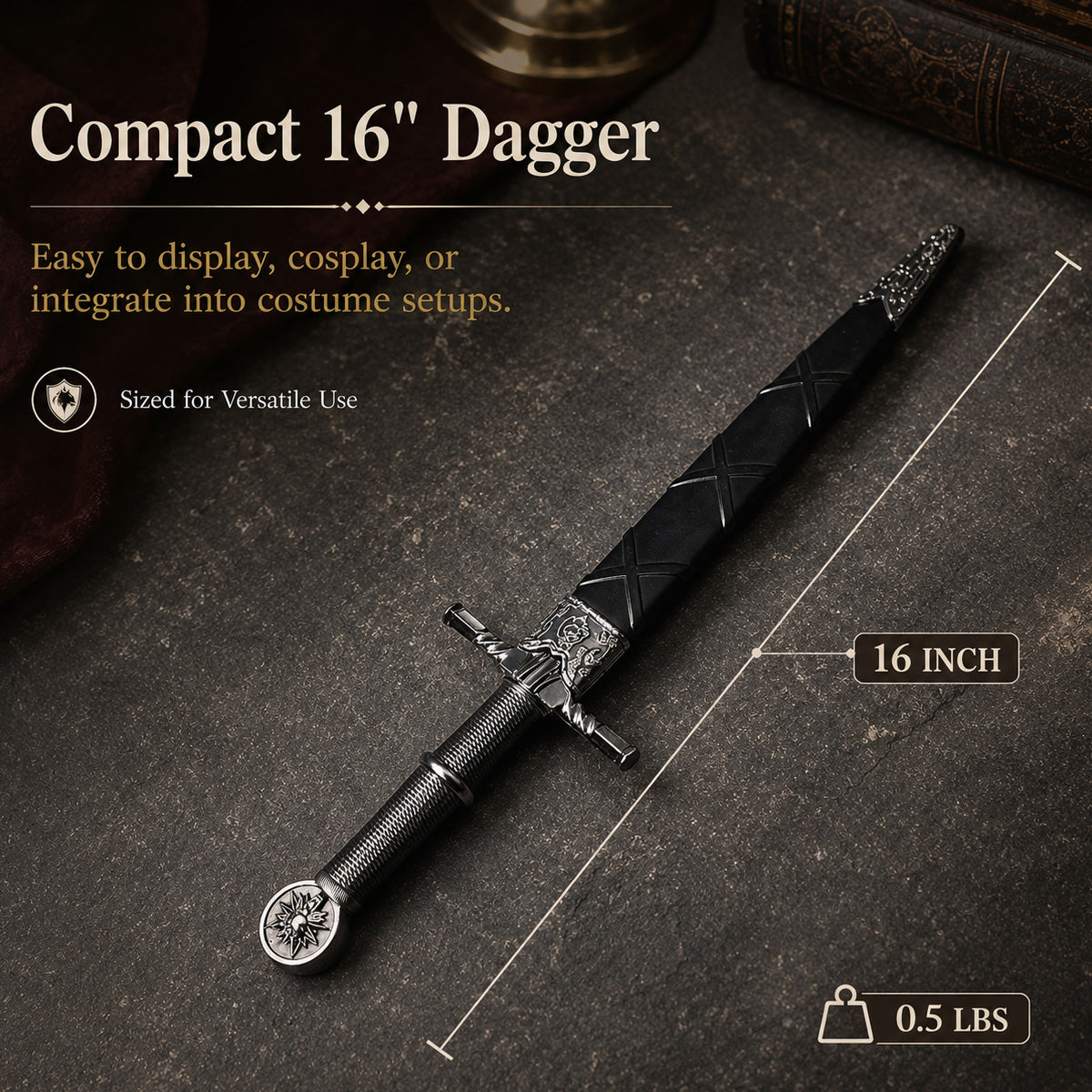 16"  Black Wolf Head Medieval Dagger w/Plastic Scabbard