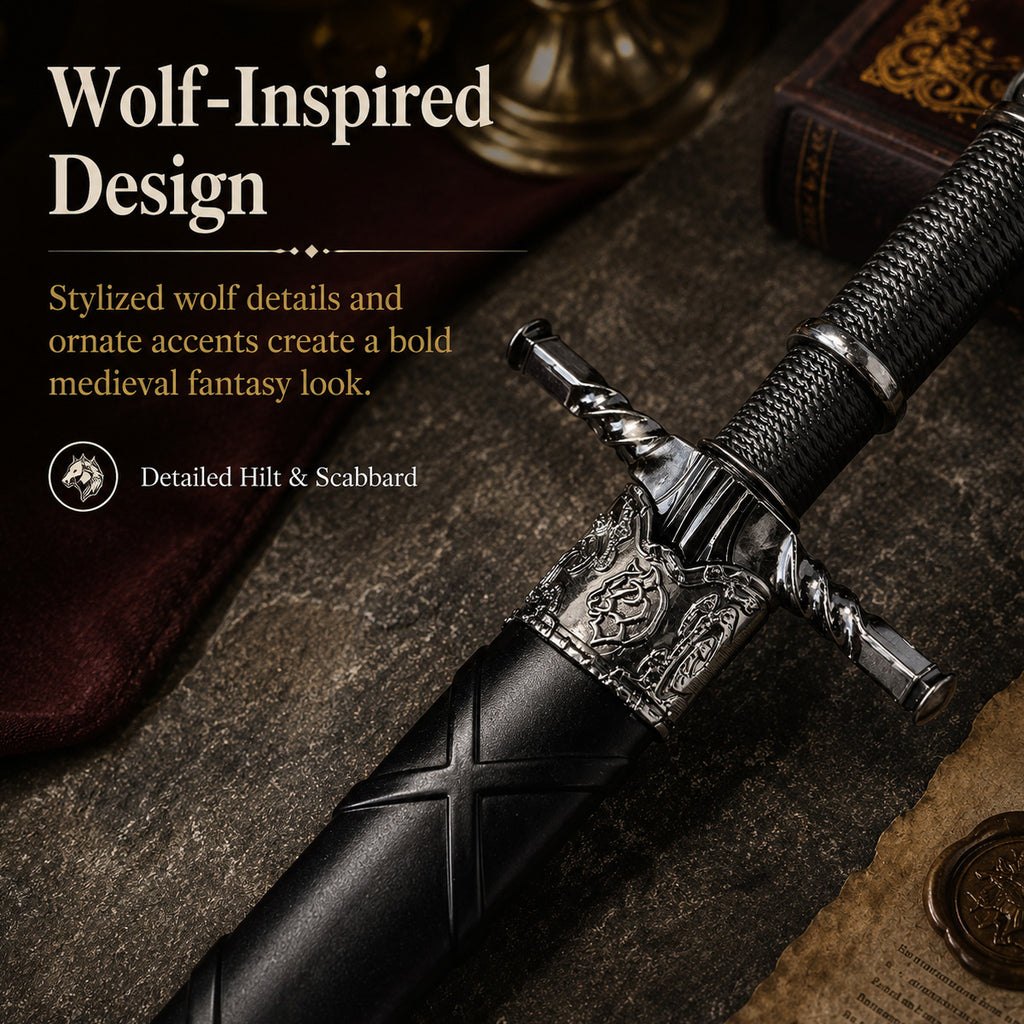 16"  Black Wolf Head Medieval Dagger w/Plastic Scabbard