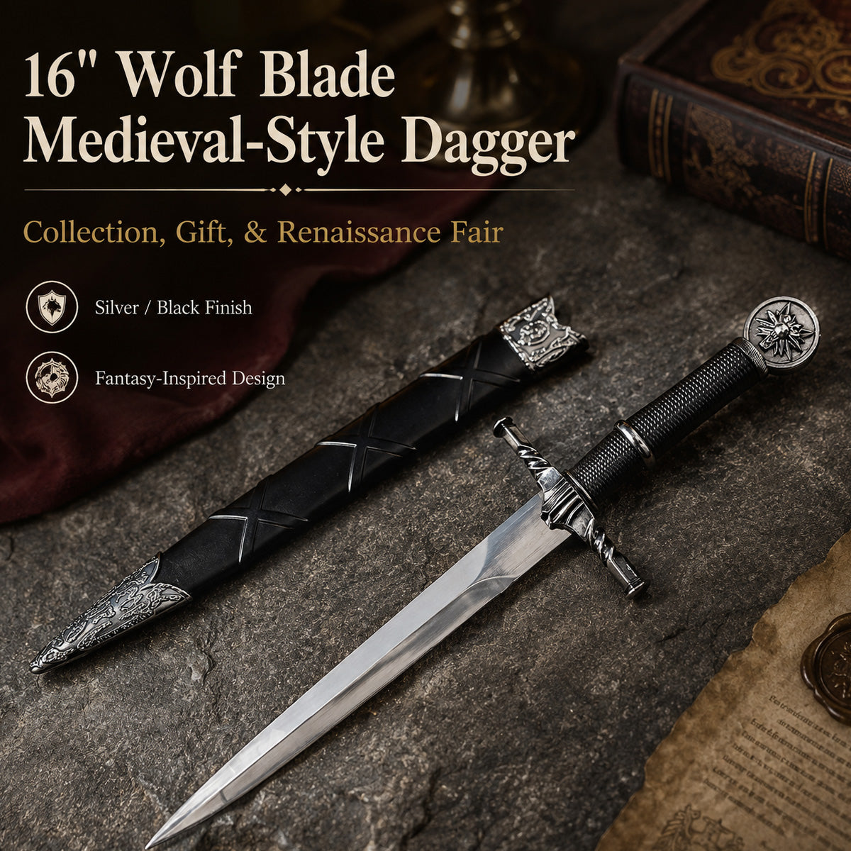16"  Black Wolf Head Medieval Dagger w/Plastic Scabbard
