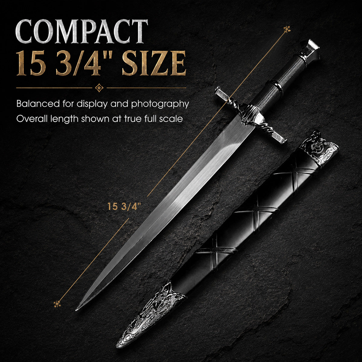 15 3/4" Black medieval dagger w/Black Plastic Scabbard