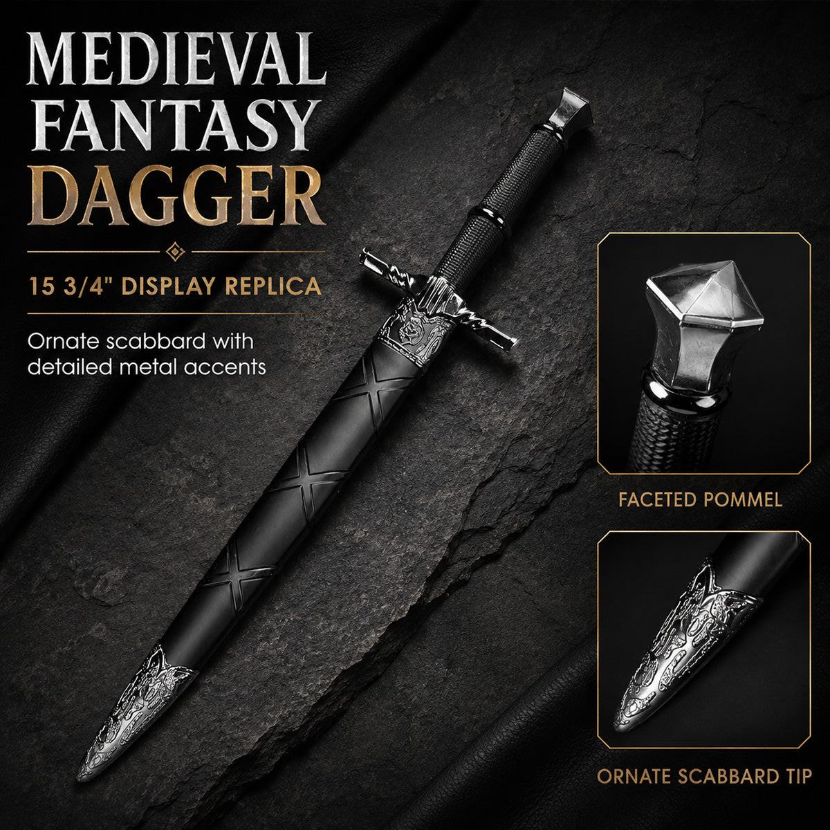 15 3/4" Black medieval dagger w/Black Plastic Scabbard