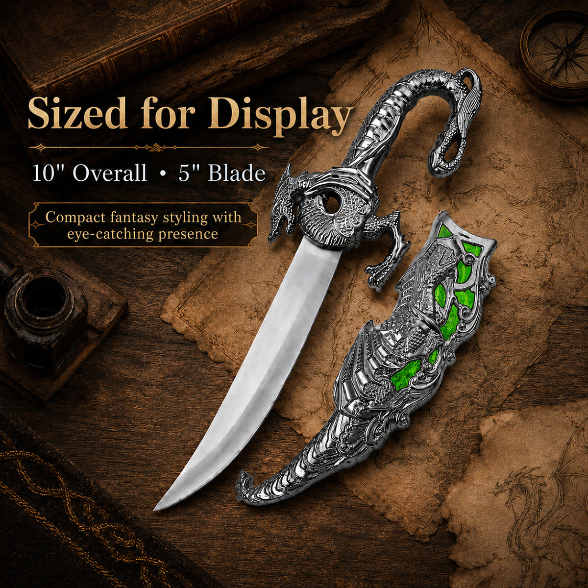 10" Blade Fantasy Dragon Dagger with gift box (Green fitting