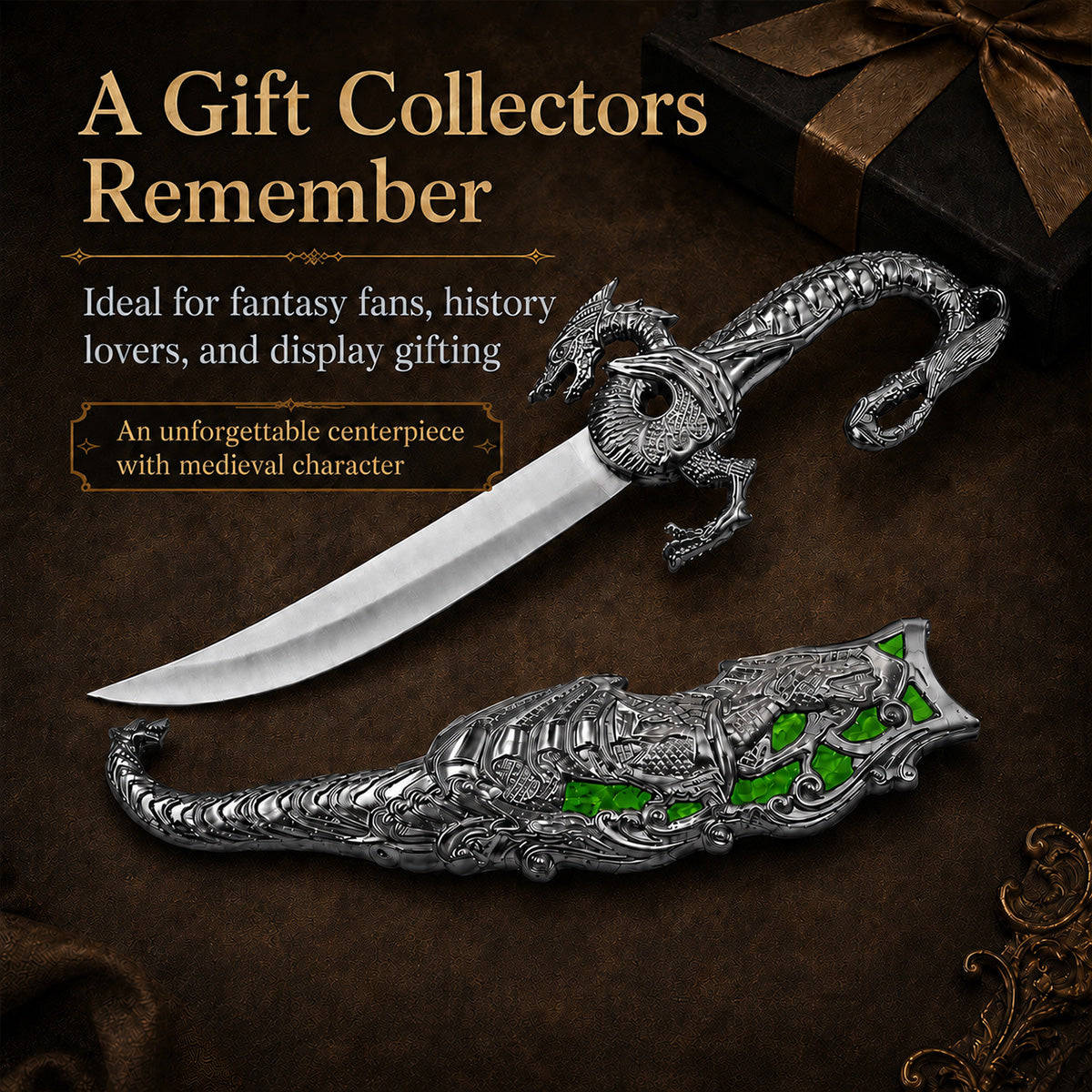 10" Blade Fantasy Dragon Dagger with gift box (Green fitting