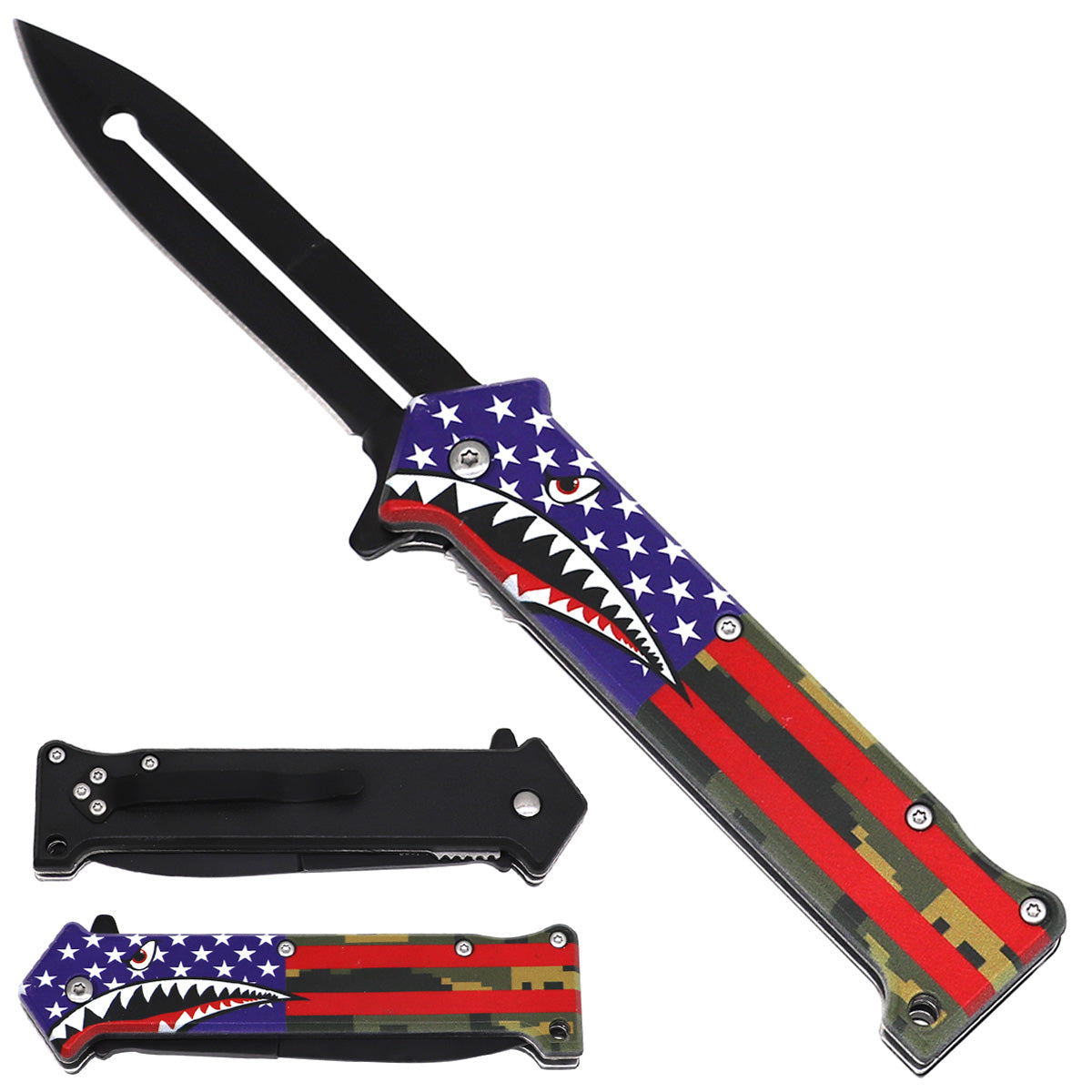 Spring Assisted Pocket Knife with USA Flag ABS Handle - SH