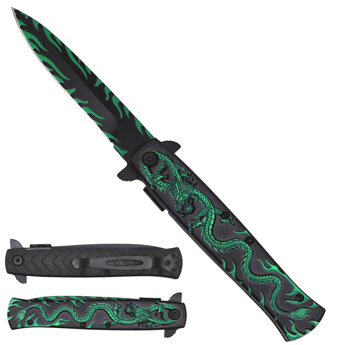 8" Spring Assisted Pocket Knife Green Dragon Handle