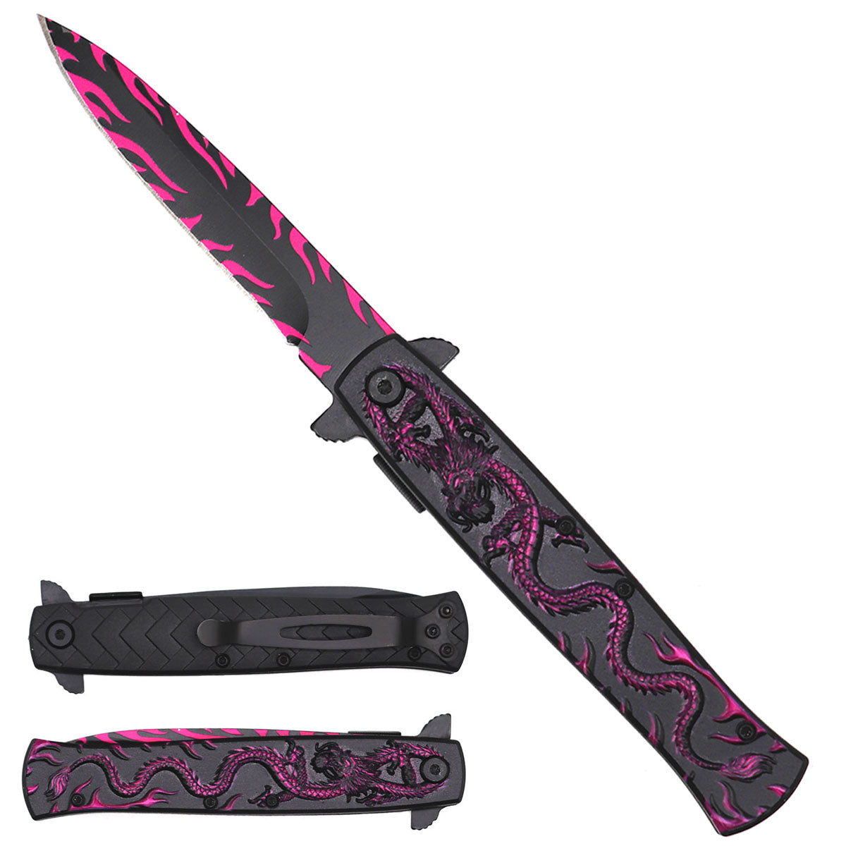 8" Spring Assisted Pocket Knife Pink Dragon Handle