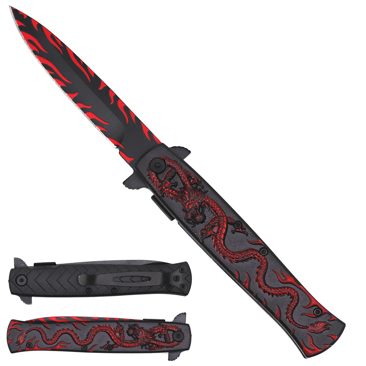 8" Spring Assisted Pocket Knife Red Dragon Handle