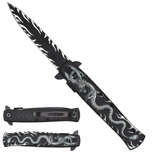 8" Spring Assisted Pocket Knife Silver Dragon Handle