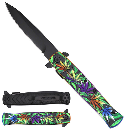Spring Assisted Knife - Marijuana Handle & 3 1/2" Black Blade