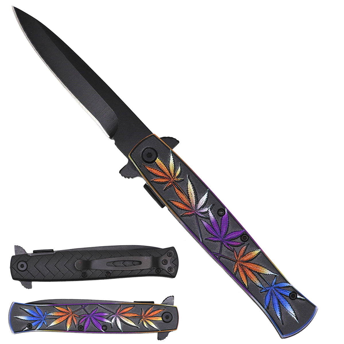 8" Spring Assisted Pocket Knife Purple Marijuana Handle