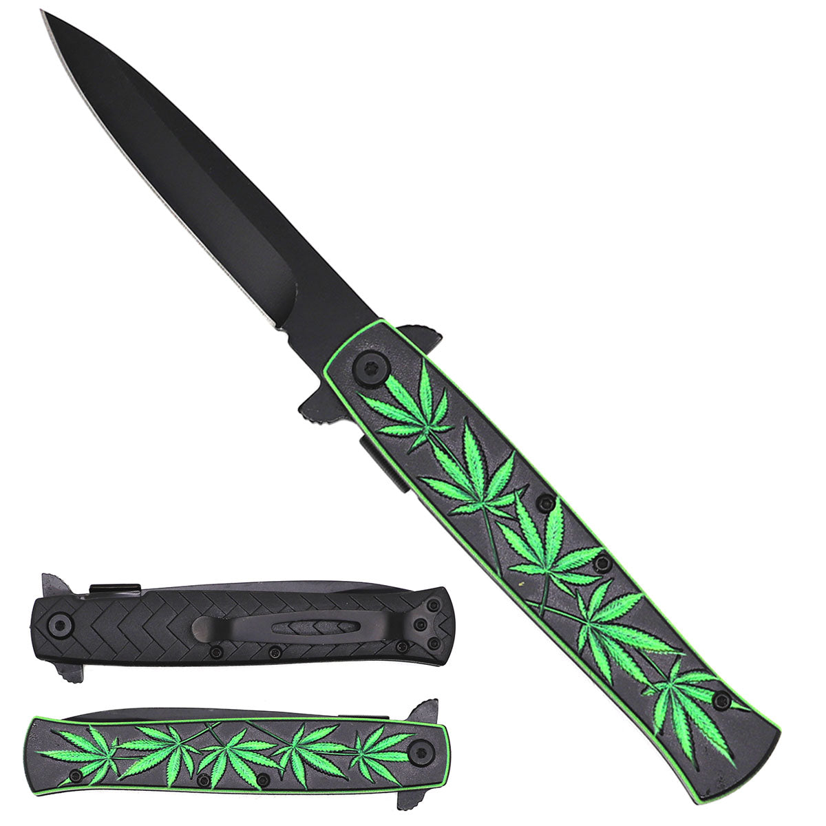 8" Spring Assisted Pocket Knife Green Marijuana Handle