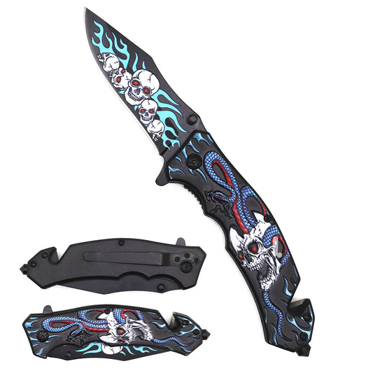 8" Spring Assisted Pocket Knife Blue Snake, Skull Handle