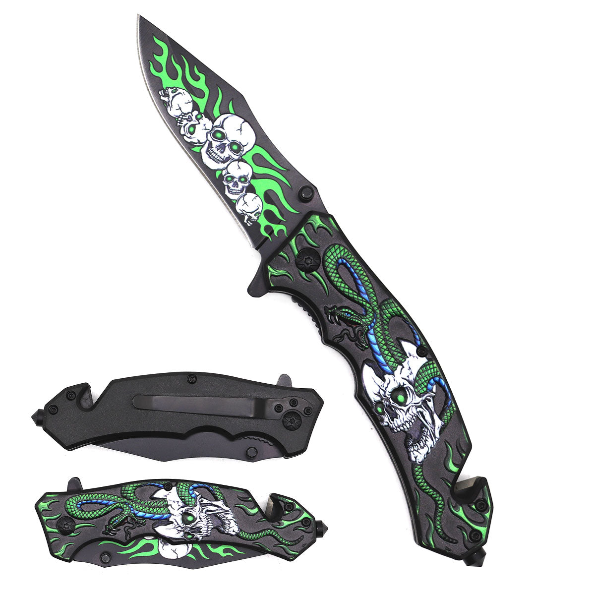 8-Inch Snake & Skull Spring-Assisted Knife – KS1071GN-1
