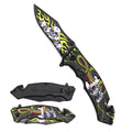 8" Spring Assisted Pocket Knife Yellow Snake, Skull Handle.