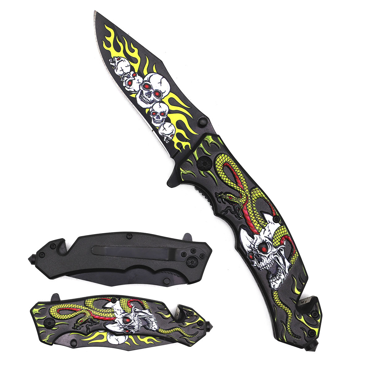 8" Spring Assisted Pocket Knife Yellow Snake, Skull Handle.