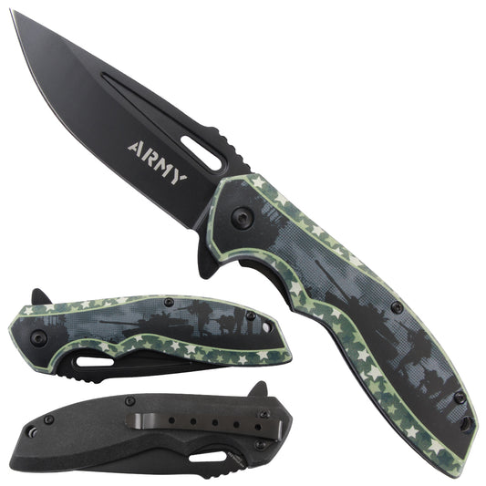 4.5" Spring assisted knife, plastic handle with Army 3D print