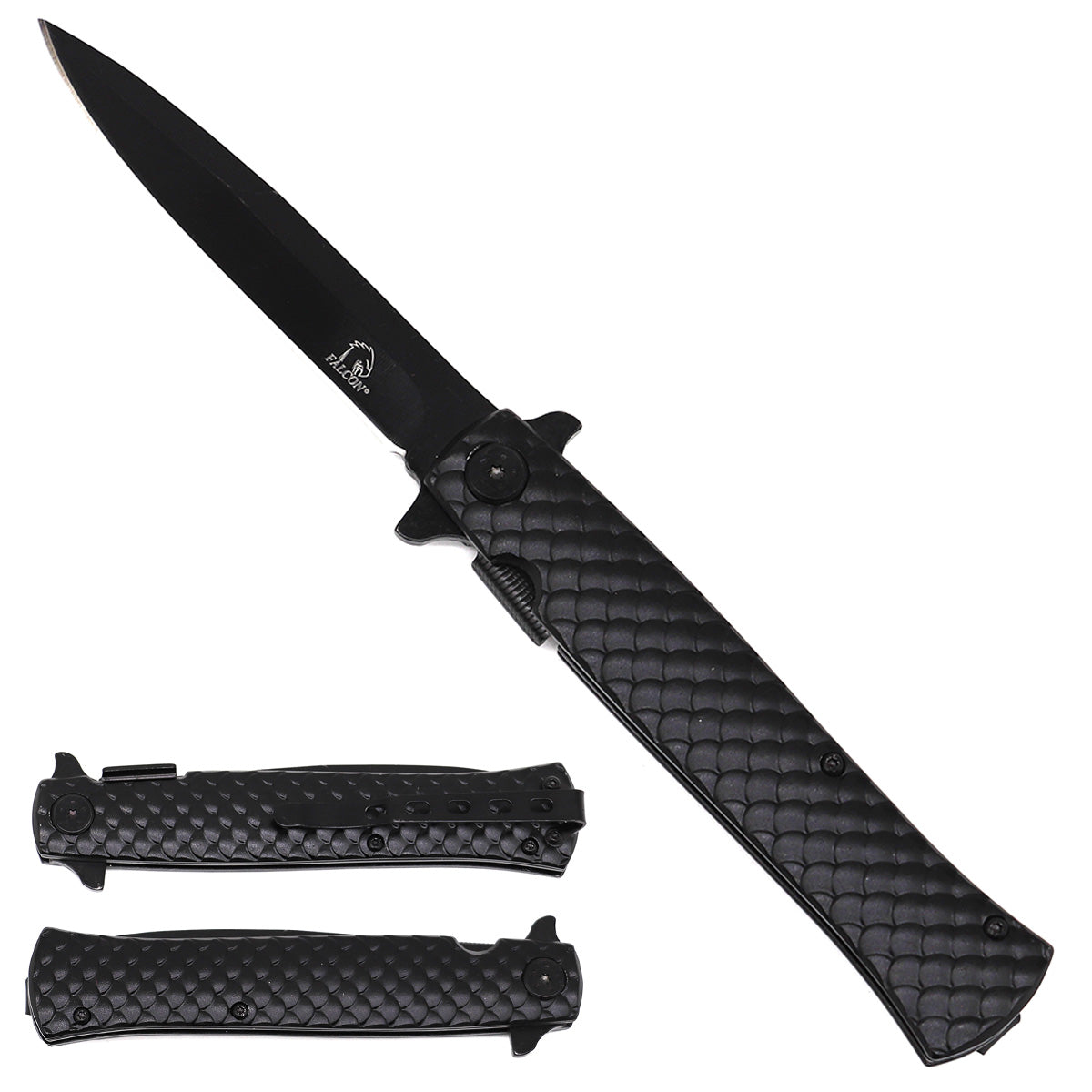 Falcon Spring Assisted Stiletto Knife -  4.75"  Blade / Stainless Steel Handle