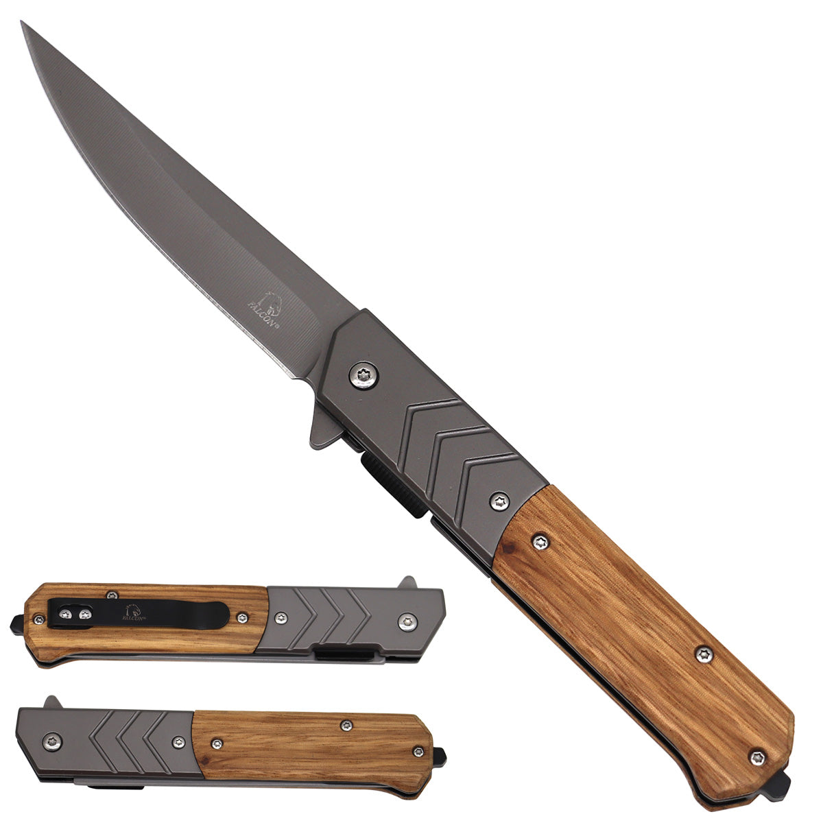 Falcon Spring Assisted Pocket Knife with Gray Titanium Steel and Zebra Wood Handle