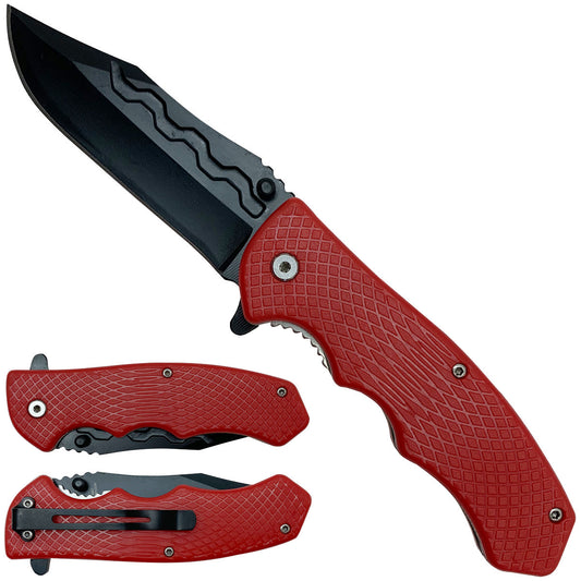 Black folding knife textured red handle | Pacific Solution