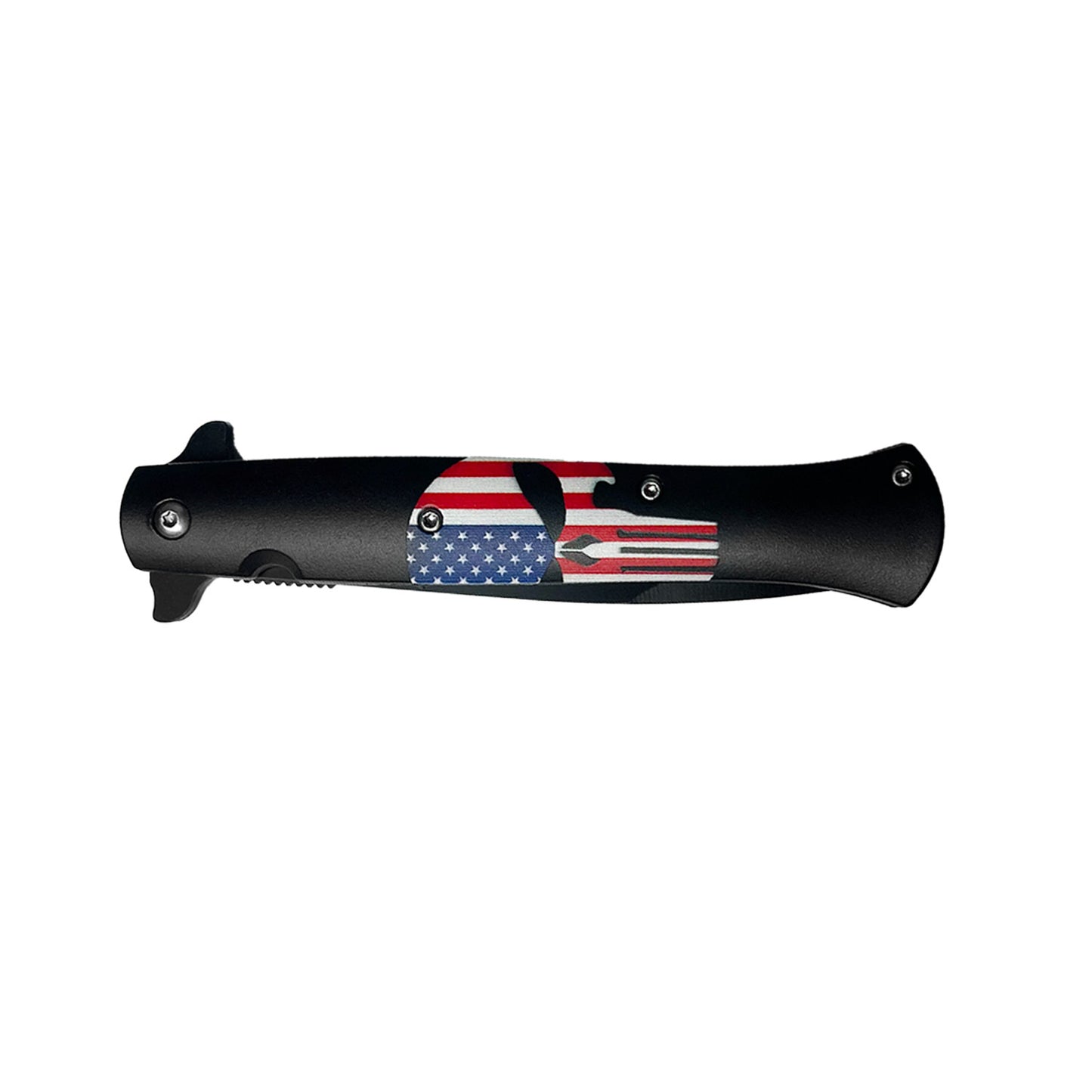 8 7/8" Overall Spring Assisted Knife Handle w/Flag & Skull