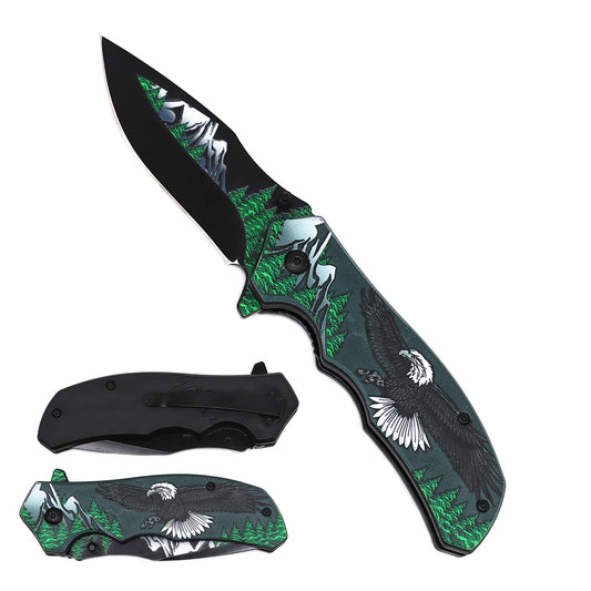 3 1/4" Black Blade / Eagle Handle w Forest / Assisted Knife