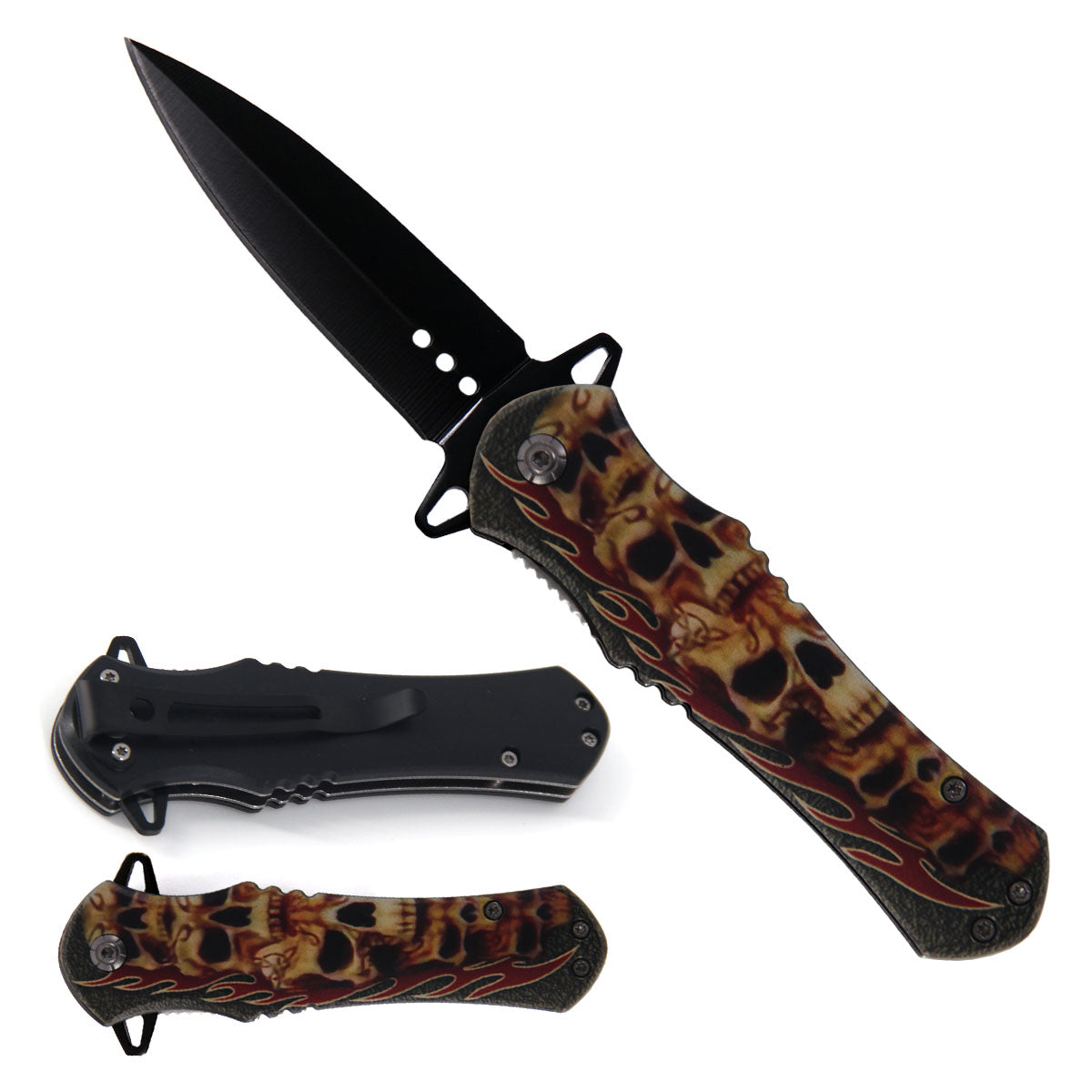 4" Black Blade / Skull Handle / Assisted Knife