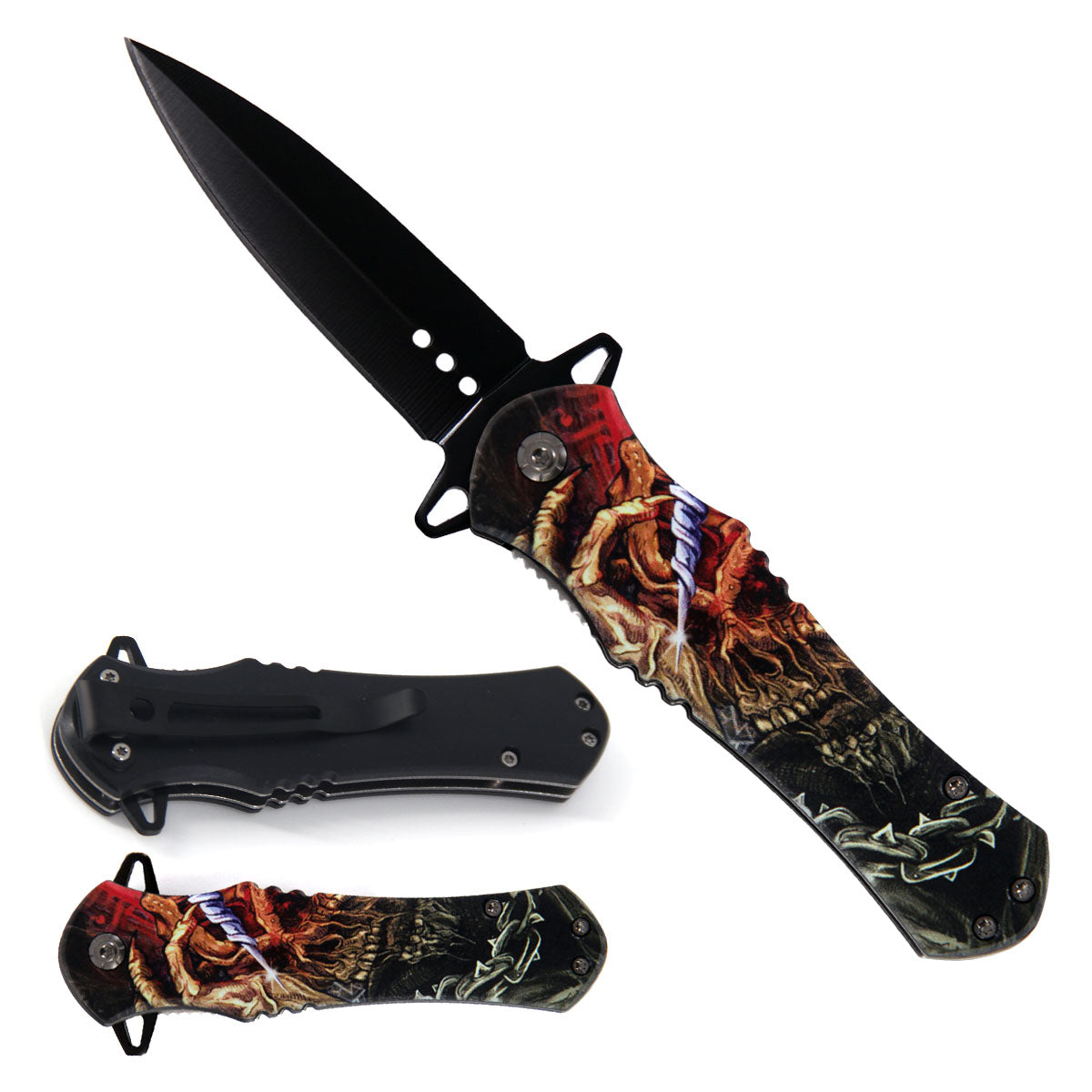 4" Black Blade / Skull Handle / Assisted Knife