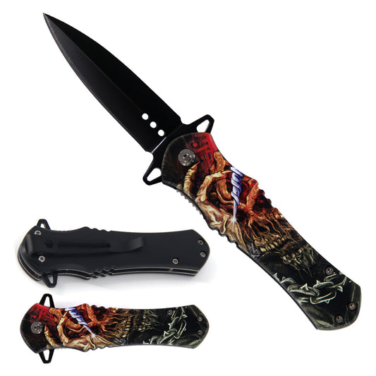 4" Black Blade / Skull Handle / Assisted Knife