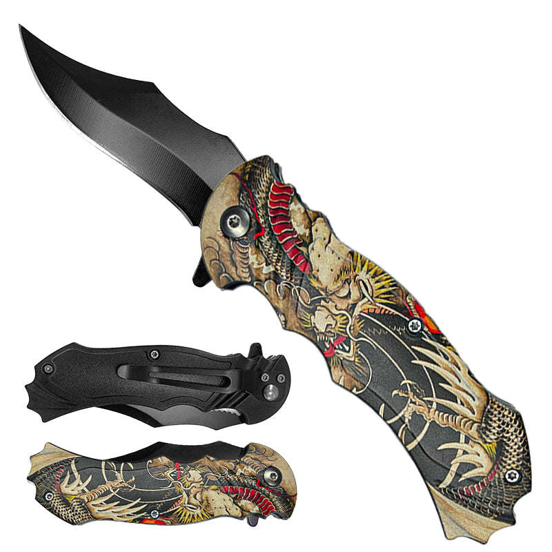 Falcon 7 3/4" Brown Dragon Handle Spring Assisted Pocket Knife