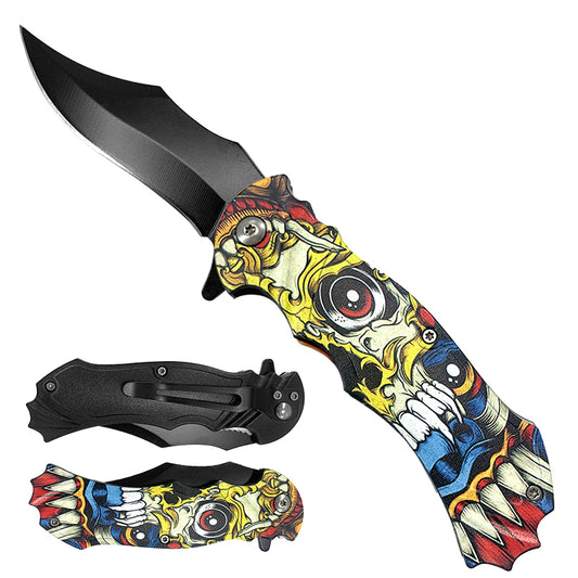 7 3/4" Skull Handle Spring Assisted Pocket Knife