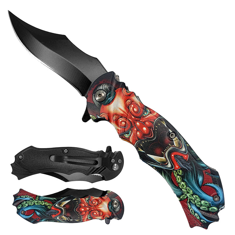 Falcon 7 3/4" Red Demon Handle Spring Assisted Pocket Knife