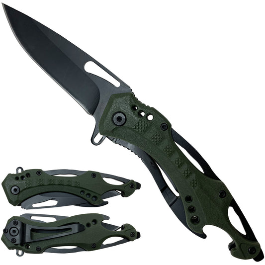 Spring Assisted Green Pocket Knife - Bottle Opener Handle