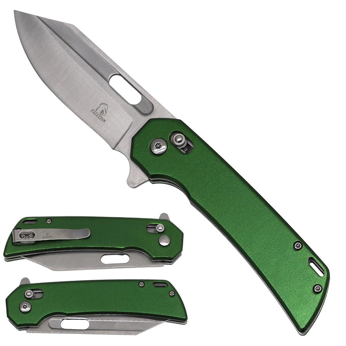Falcon folding pocket knife with green ABS handle and black 440 stainless steel blade, SKU KS1287GN