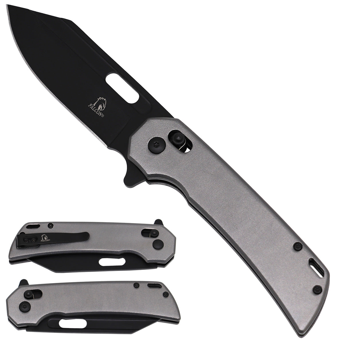 Falcon Gray Spring Assisted Pocket Knife with Lock Mechanism.