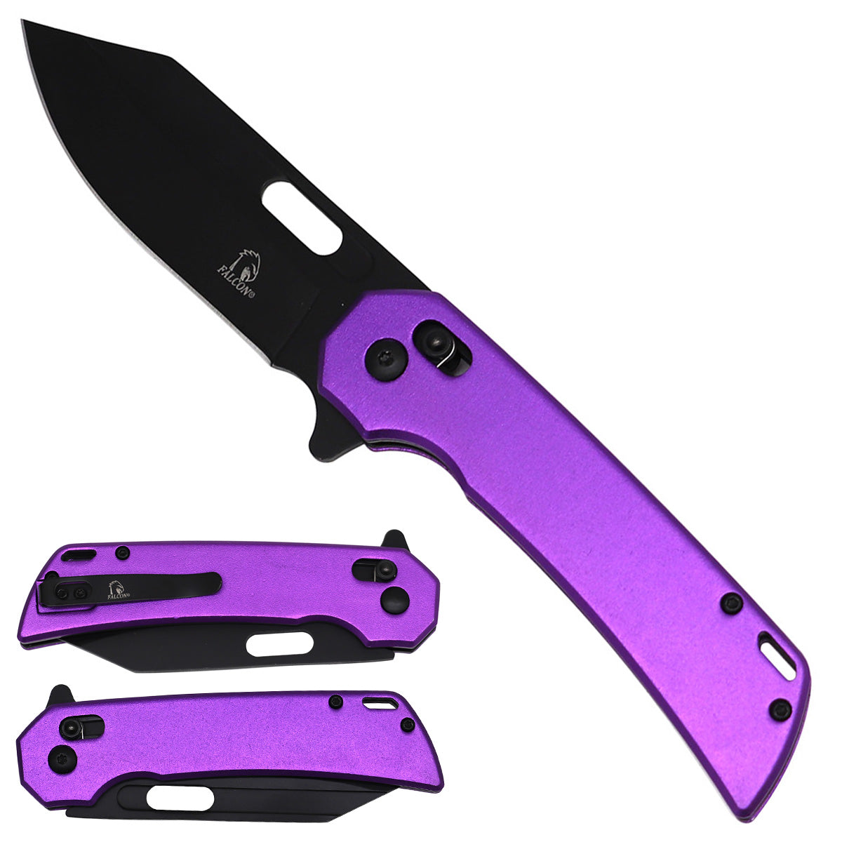 Falcon folding pocket knife with purple ABS handle and black 440 stainless steel blade, SKU KS1287PP
