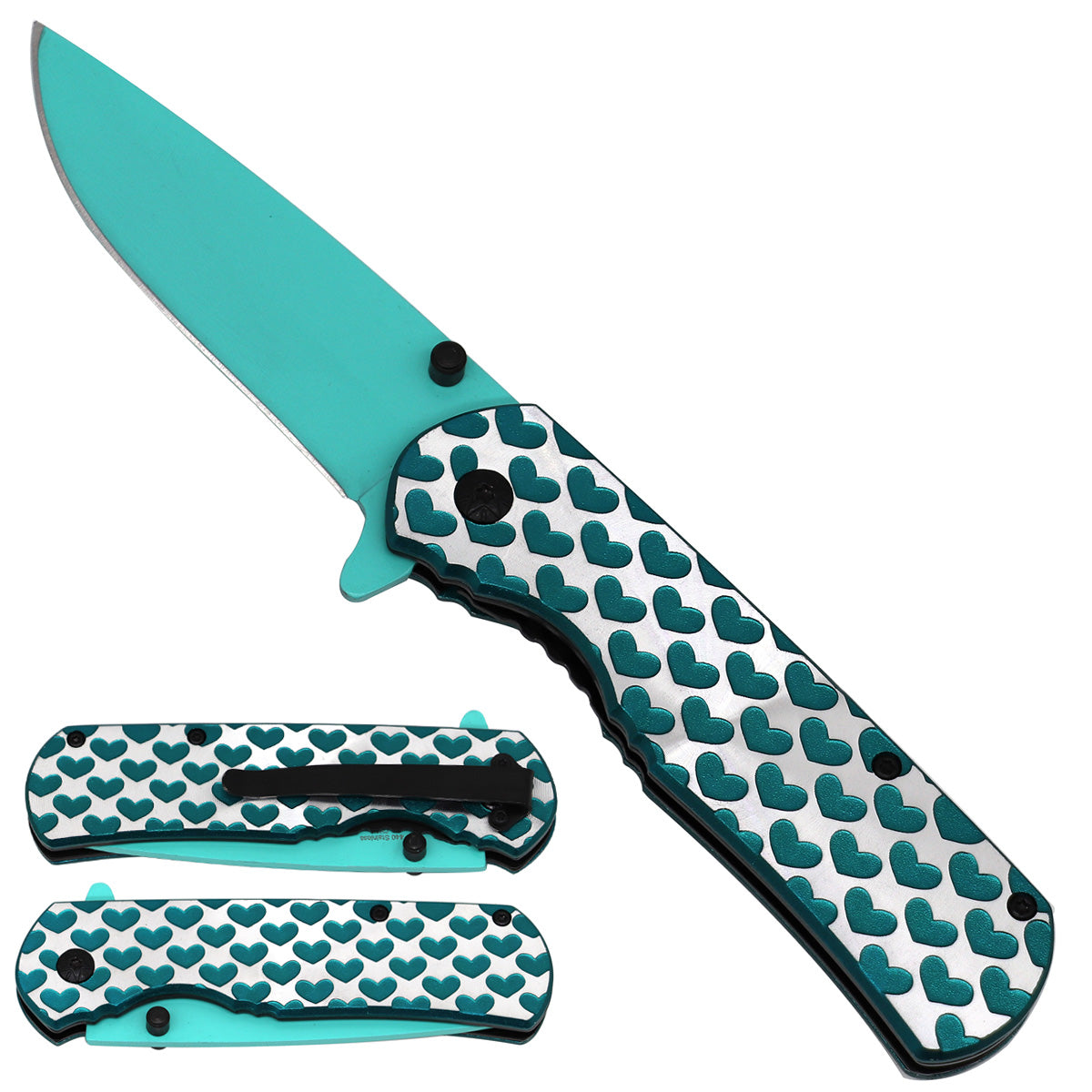 Teal Hear Handle Spring Assisted Pocket Knife