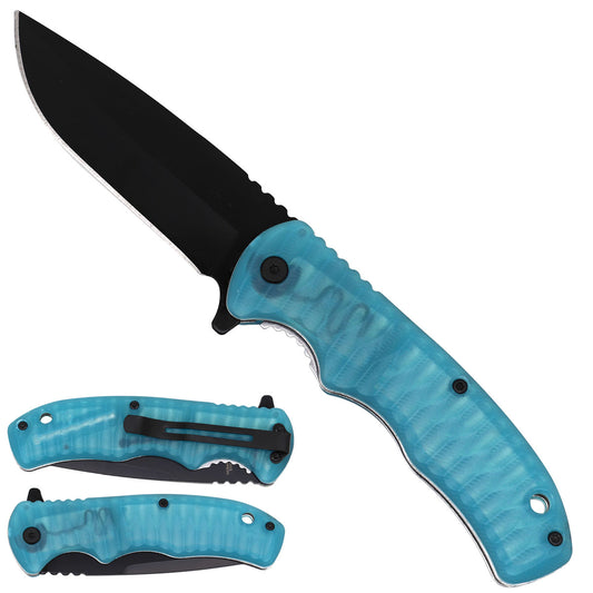 Blue Transparent Spring Assisted Pocket Knife