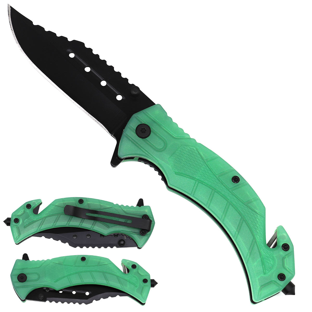 Spring Assisted Pocket Knife - Green Transparent Handle