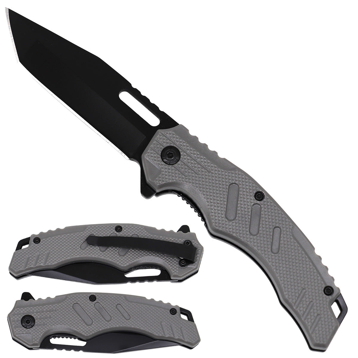 Spring-assisted folding pocket knife with gray ABS handle and black blade, SKU KS1496GY