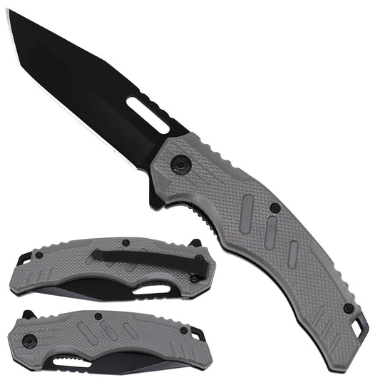 Spring-assisted folding pocket knife with gray ABS handle and black blade, SKU KS1496GY