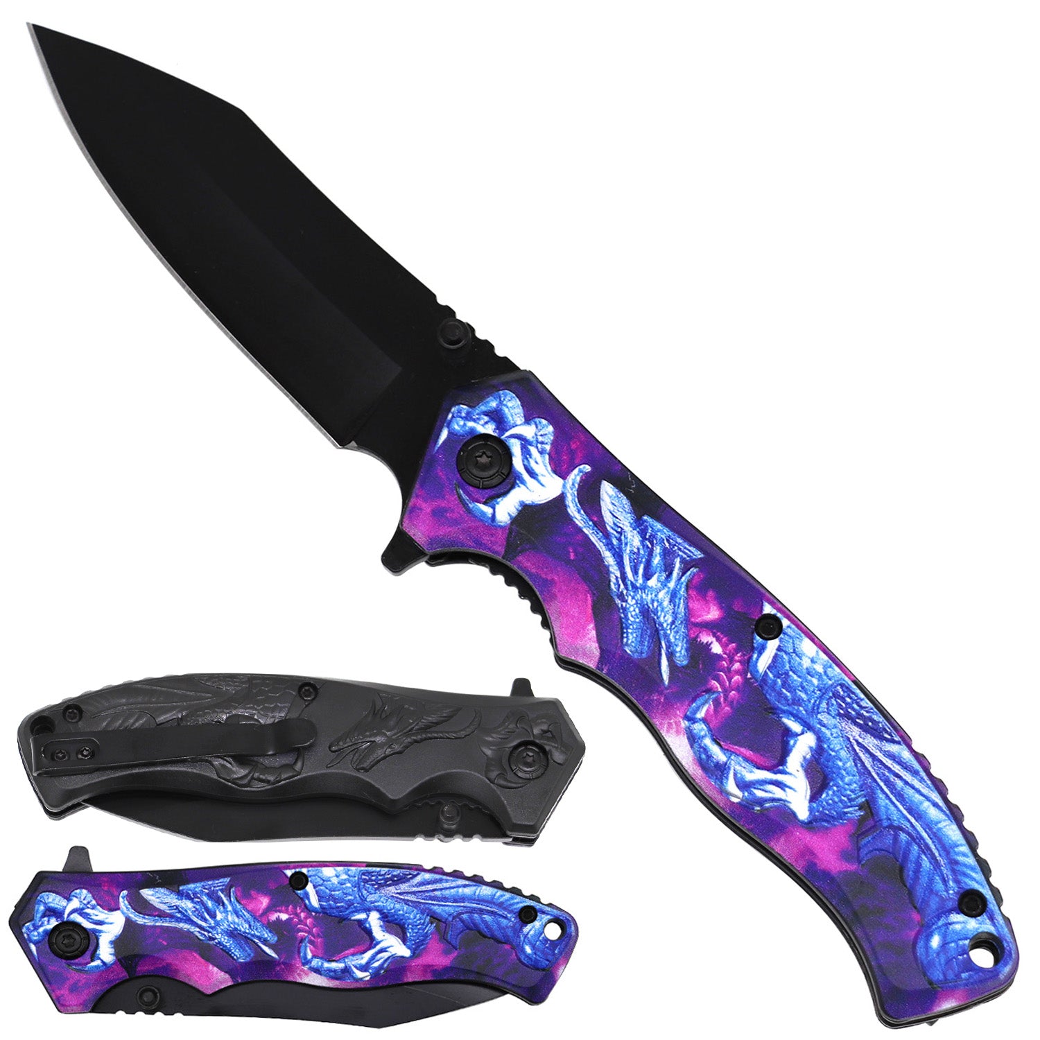 Spring Assisted Pocket Knife -  Blue Dragon on Handle