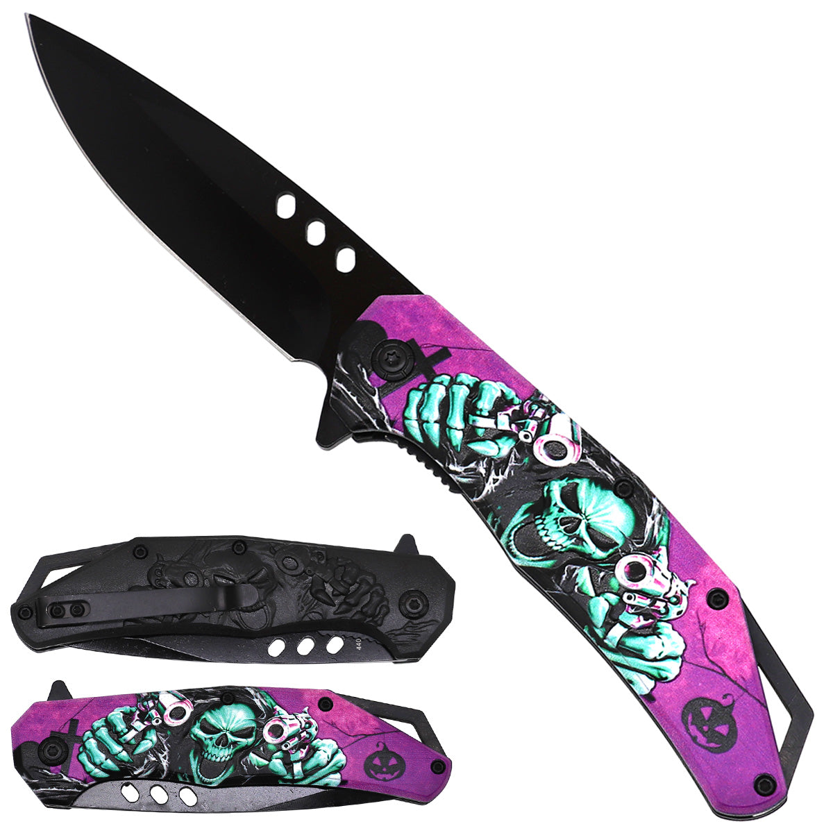 Grim Reaper Folding Pocket Knife, 3mm Black Blade & ABS Handle | KS1498TC