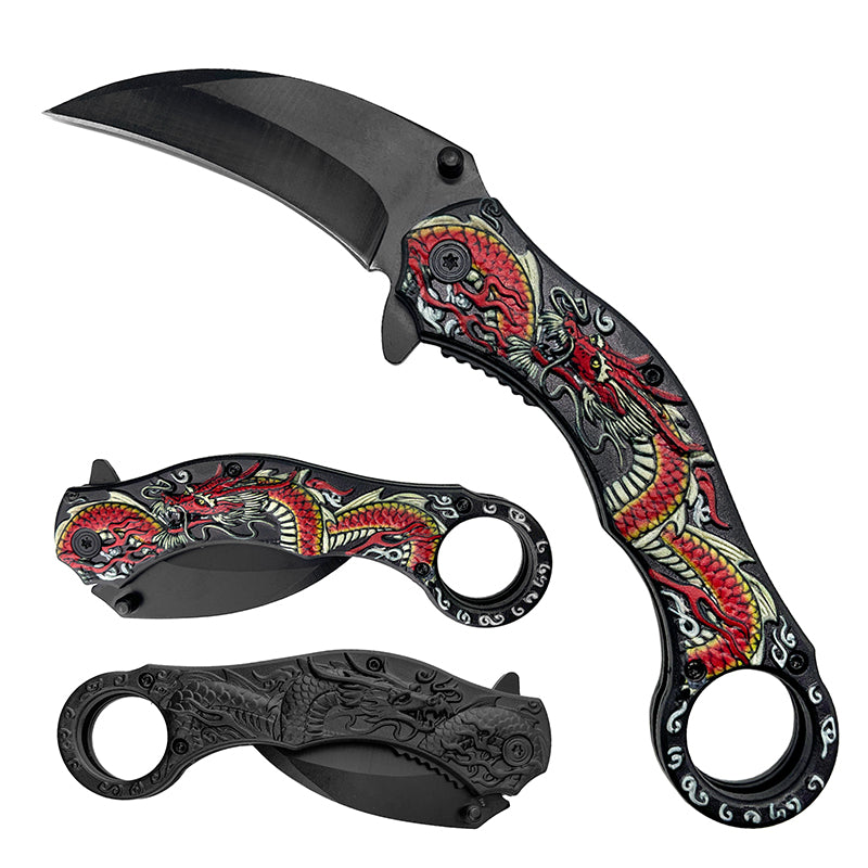 3" Black Blade / Red Dragon Handle / Assisted Knife