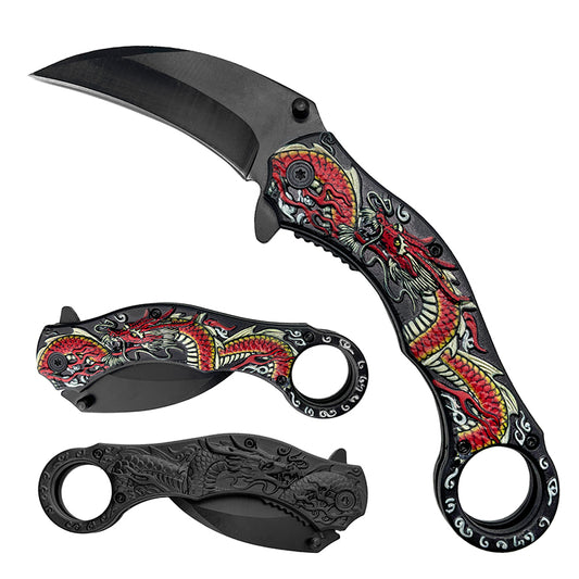 3" Black Blade / Red Dragon Handle / Assisted Knife